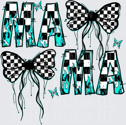 Mama Checkered Pattern Butterflies with Turquoise Flames