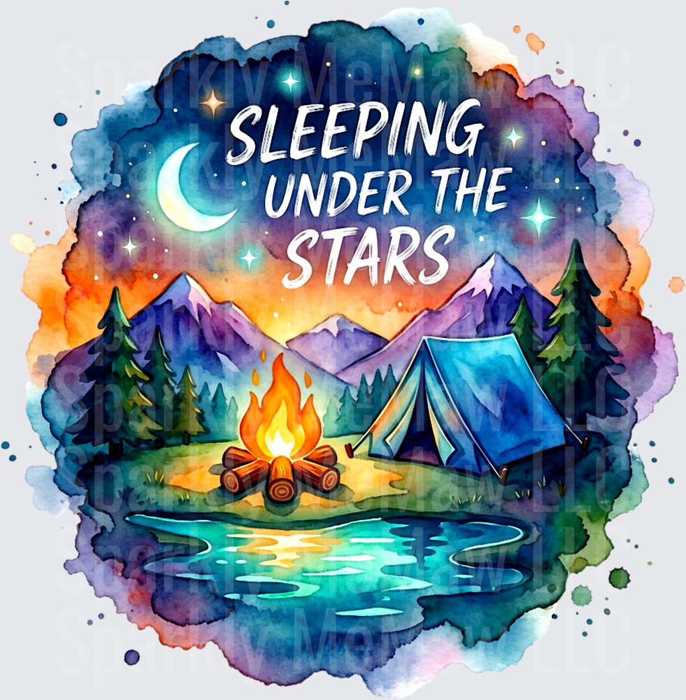 Sleeping Under The Stars Watercolor Camping Scene with Tent Campfire and Mountains UV DTF Decal