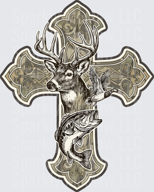 Hunting Cross with Buck Deer Duck and Bass Fish DTF Transfer for Fabric