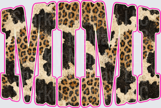 MIMI Leopard and Cowhide Mixed Animal Print Bold Letters Pink Outline Distressed DTF Transfer for fabrics