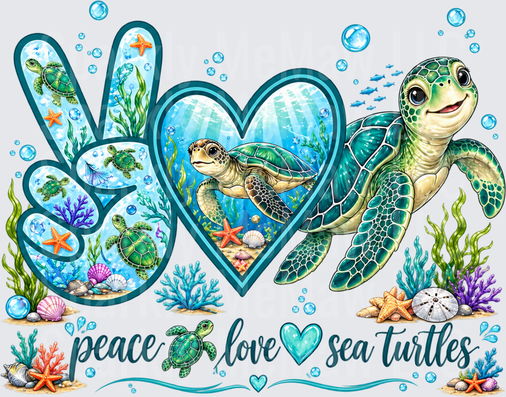 Peace Love Sea Turtles DTF Transfer for Fabrics