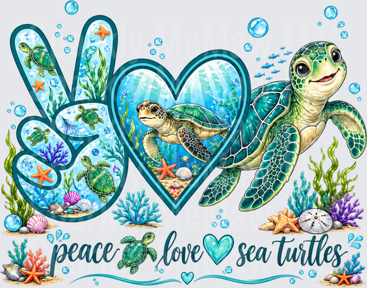 Peace Love Sea Turtles DTF Transfer for Fabrics