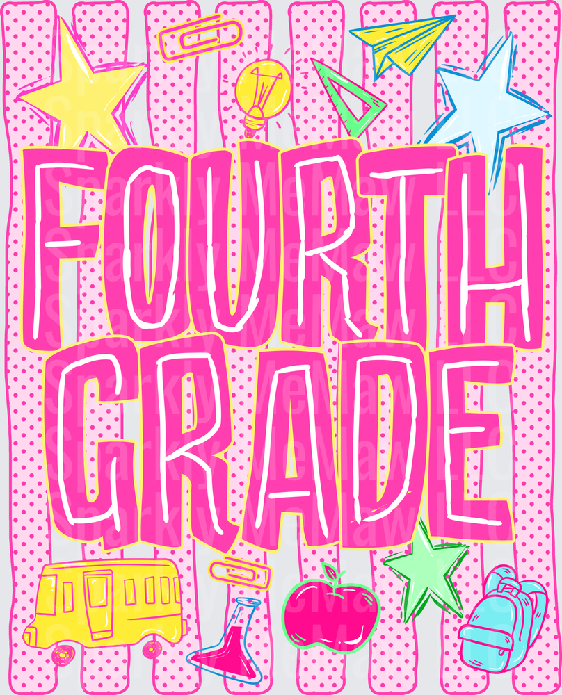 Fourth Grade Back to School DTF Transfer for Fabric with Paper Airplanes Light Bulb Apple School Bus and Backpack on Pink Polka Dot Background