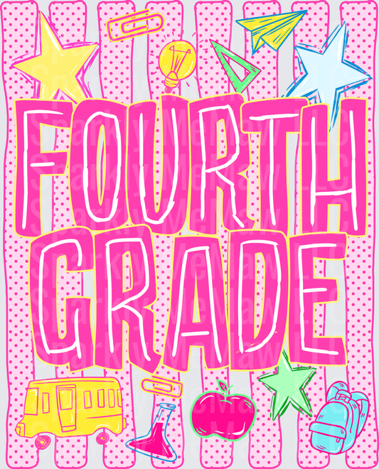 Fourth Grade Back to School DTF Transfer for Fabric with Paper Airplanes Light Bulb Apple School Bus and Backpack on Pink Polka Dot Background