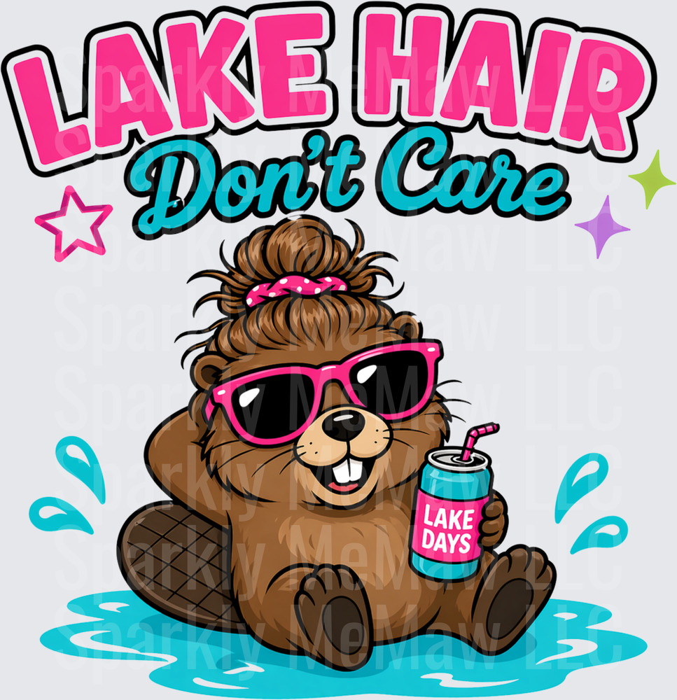 Lake Hair Don't Care Funny Beaver with Sunglasses and Messy Bun DTF Transfer for Fabric