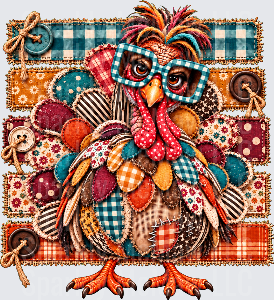 Patchwork Turkey With Glasses is a UV DTF Decal