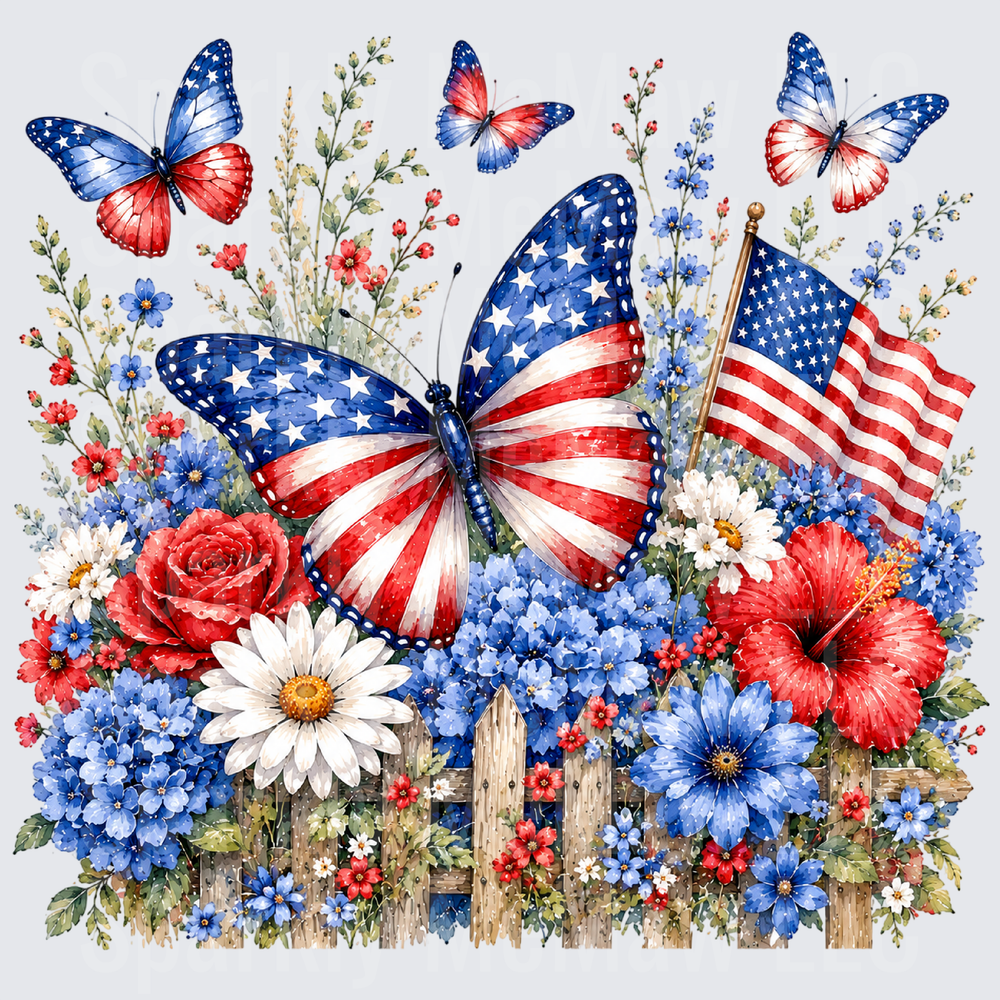 Patriotic American Flag Butterflies with Red White Blue Wildflowers UV DTF Decal