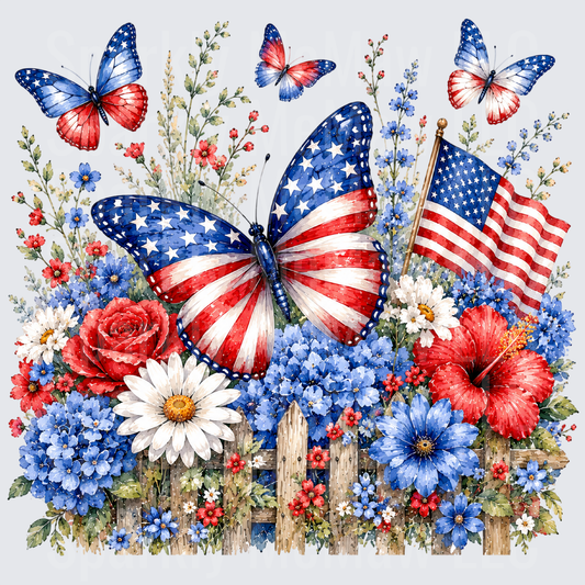Patriotic American Flag Butterflies with Red White Blue Wildflowers UV DTF Decal