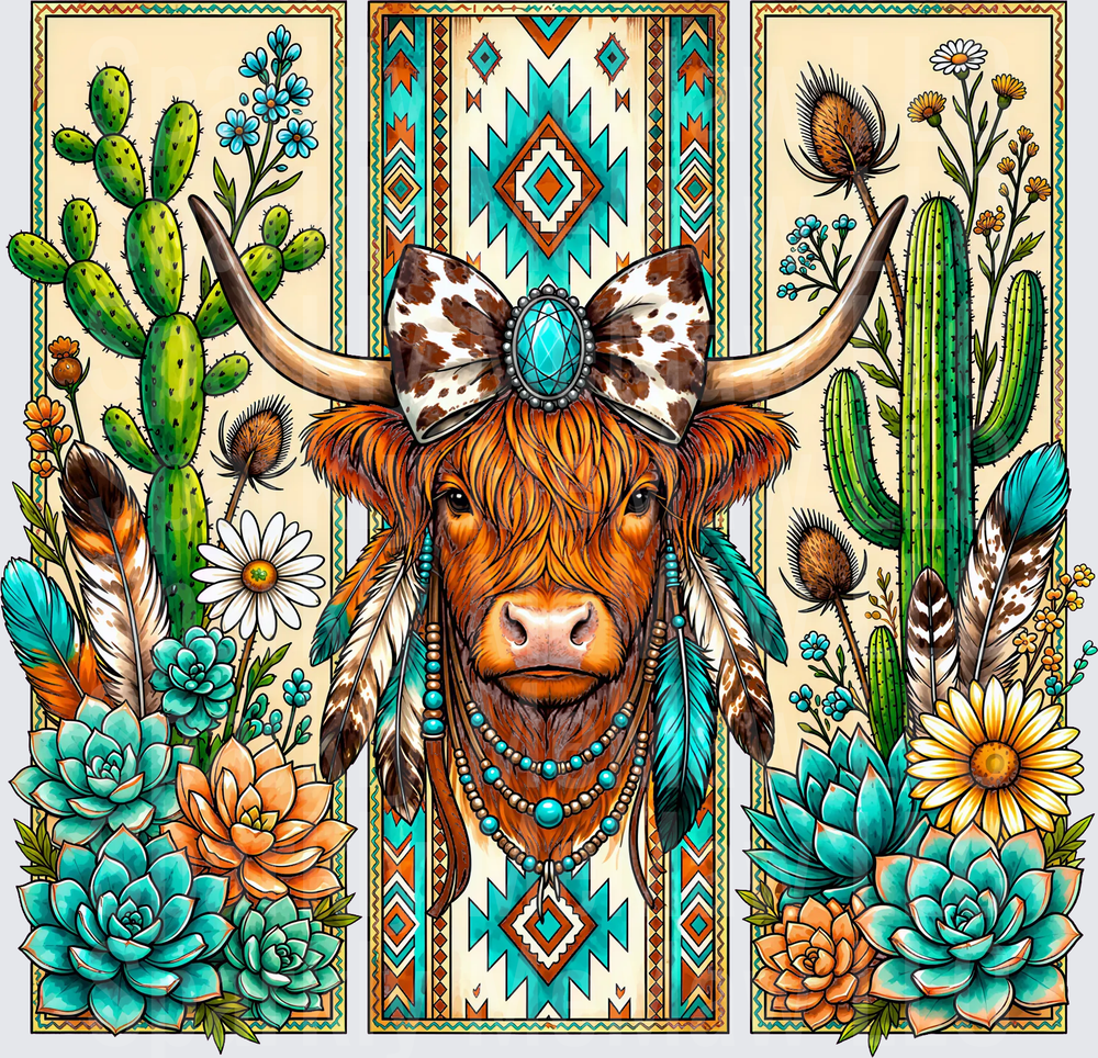 Boho Highland Cow Aztec Floral DTF Transfer