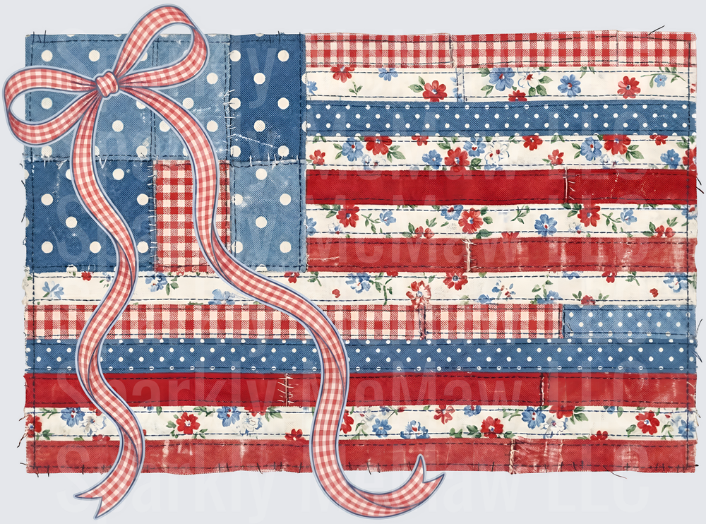 Patchwork American Flag with Red Gingham Bow UV DTF Decal