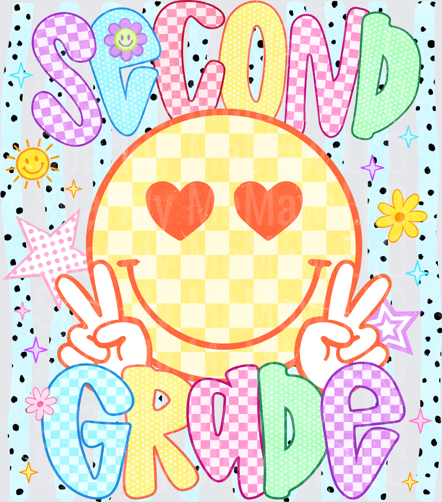 Second Grade Smiley Face Peace Sign Checkered Rainbow Letters UV DTF Decal