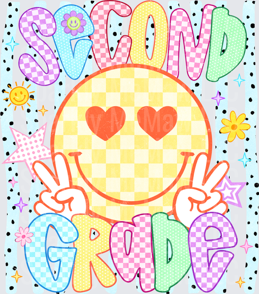 Second Grade Smiley Face Peace Sign Checkered Rainbow Letters UV DTF Decal