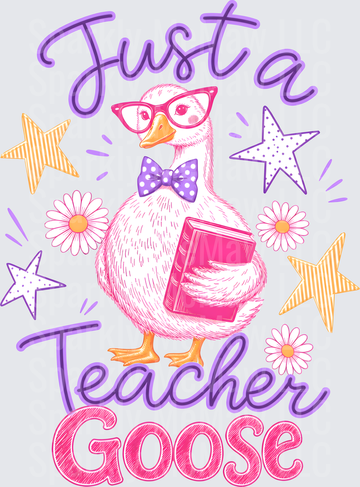 Just A Teacher Goose DTF Transfer for Fabric - Nerdy Goose with Glasses Bow Tie and Book Design