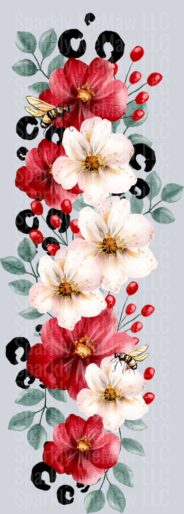 Red and White Floral Bouquet with Black Swirls and Bees UV DTF Decal