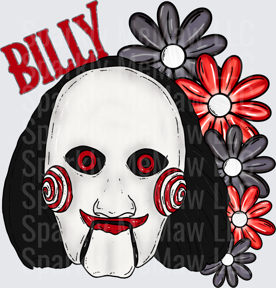 Billy the Puppet Jigsaw Horror Character with Red and Black Daisies UV DTF Decal