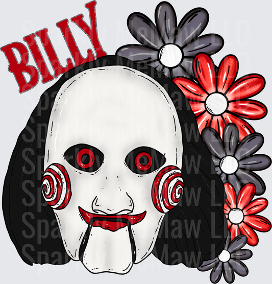 Billy the Puppet Jigsaw Horror Character with Red and Black Daisies UV DTF Decal