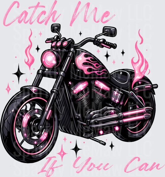 Catch Me If You Can Pink Flame Motorcycle with Sparkles UV DTF Decal