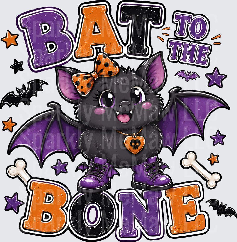 Bat To The Bone Cute Halloween Bat with Purple Wings and Bow DTF Transfer (Fabrics)