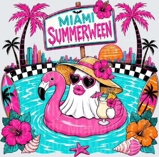 Miami Summerween Ghost on Pink Flamingo Float with Tropical Vibes DTF Transfer
