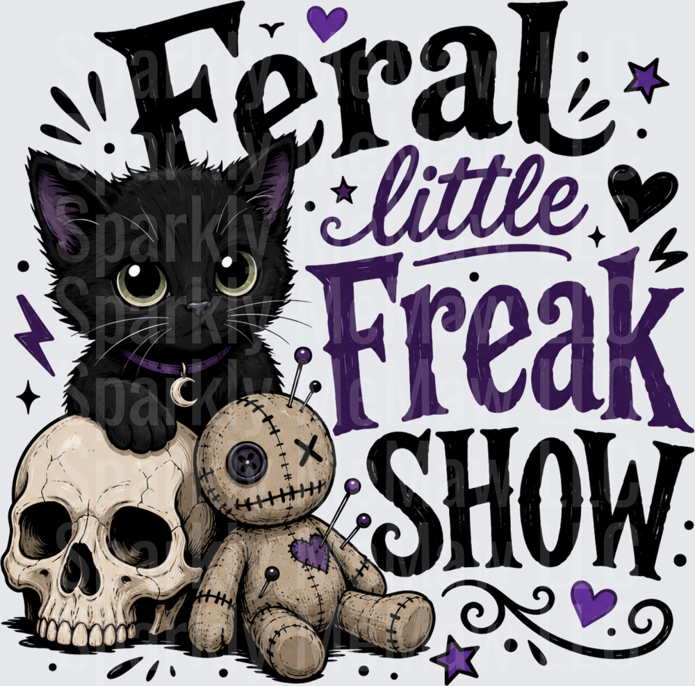 Feral Little Freak Show Black Kitten with Skull and Voodoo Doll DTF Transfer for Fabric