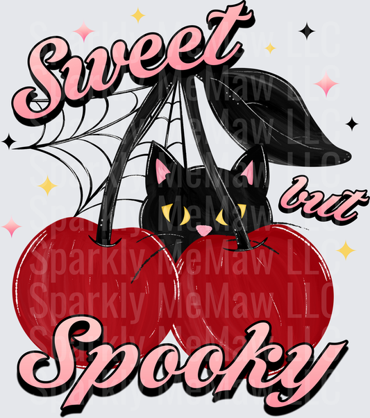 Sweet But Spooky Black Cat Peeking Through Gothic Cherries with Spider Web DTF Transfer for Fabrics