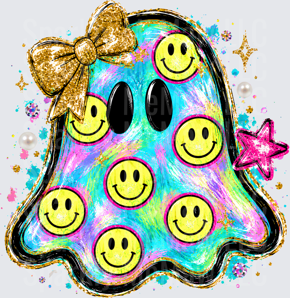 Retro Smiley Face Ghost with Gold Glitter Bow Tie-Dye Halloween DTF Transfer for Fabrics