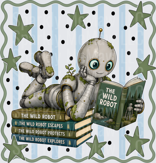 Moss-Covered Robot Reading Wild Robot Books DTF Transfer for Fabrics