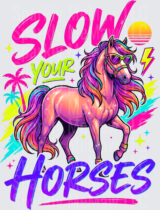 Slow Your Horses Rainbow Unicorn with Sunglasses Retro 80s Vaporwave UV DTF Decal