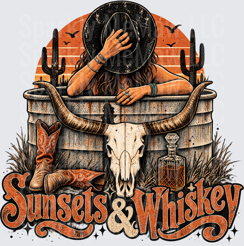 Sunsets & Whiskey Western Cowgirl UV DTF Decal