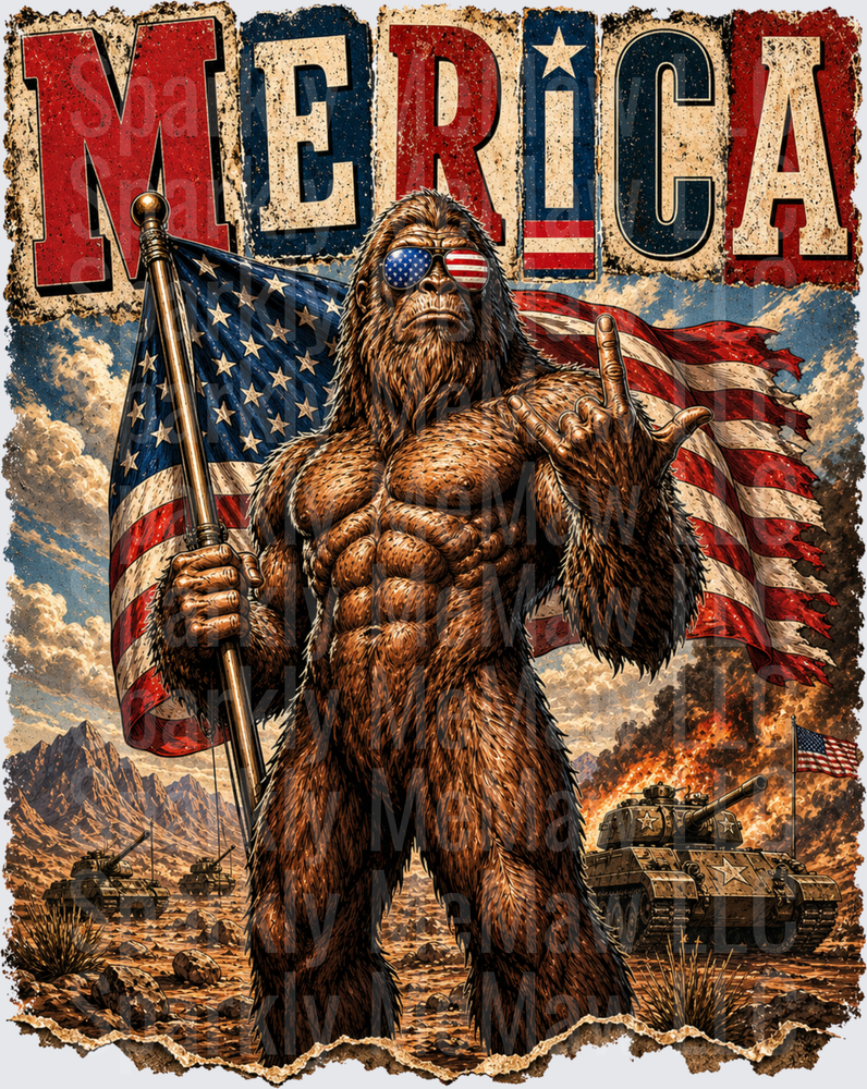 Patriotic Bigfoot Sasquatch Merica American Flag Military Tanks UV DTF Decal