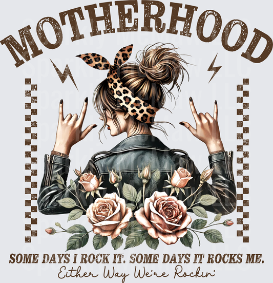Motherhood Rock and Roll Woman with Leopard Bandana and Roses Some Days I Rock It Quote UV DTF Decal