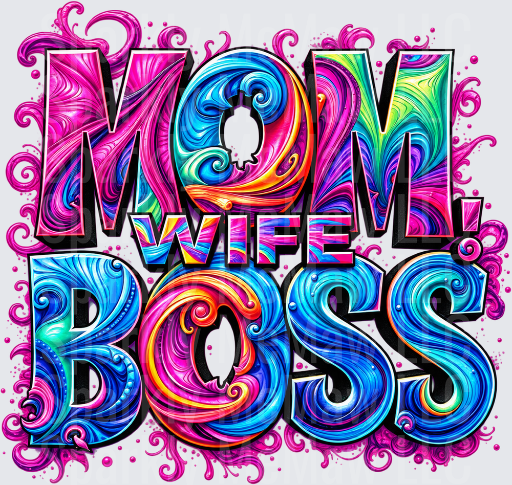 Mom Wife Boss Colorful Swirl DTF Transfer for Fabrics