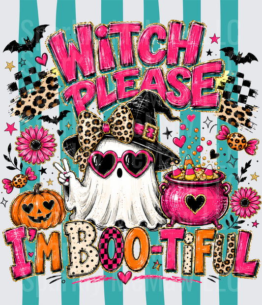Witch Please I'm Boo-Tiful Sassy Ghost Witch Hat Leopard Bow Heart Sunglasses Halloween DTF Transfer for Fabrics
