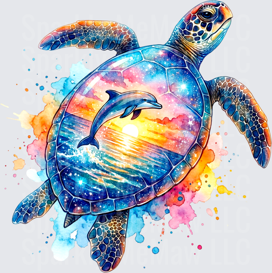 Cosmic Sea Turtle with Galaxy Sunset Dolphin Scene Watercolor UV DTF Decal