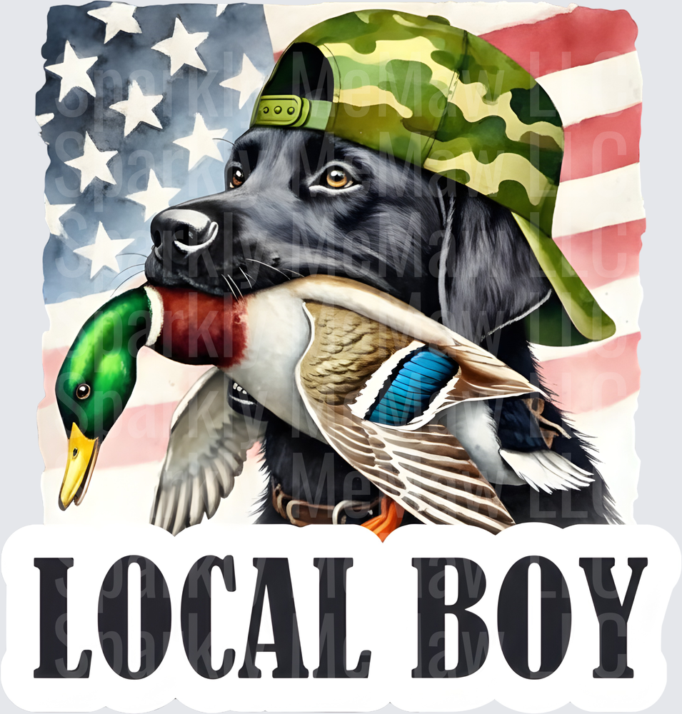 Black Lab in Camo Hat Holding Mallard Duck American Flag Local Boy uv dtf decal