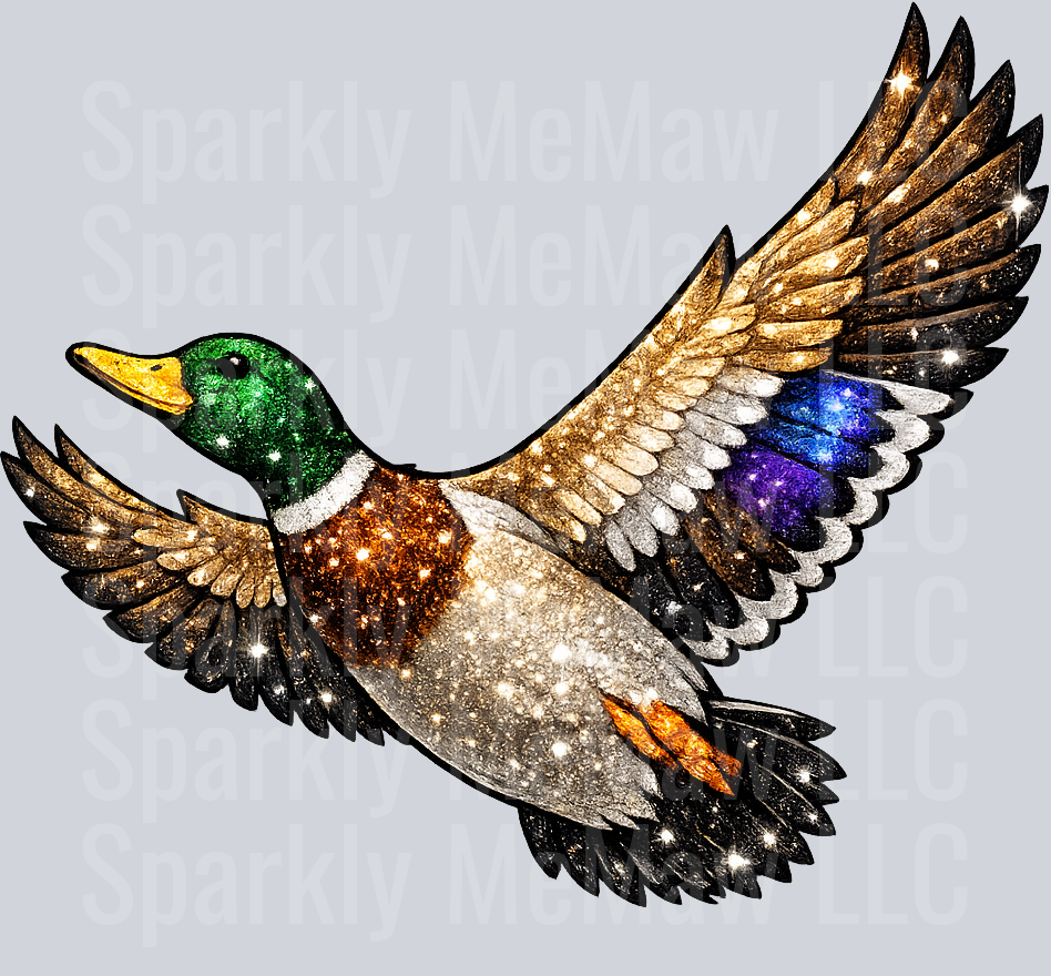 Glittery Cosmic Mallard Duck in Flight with Sparkling Galaxy Wings UV DTF Decal