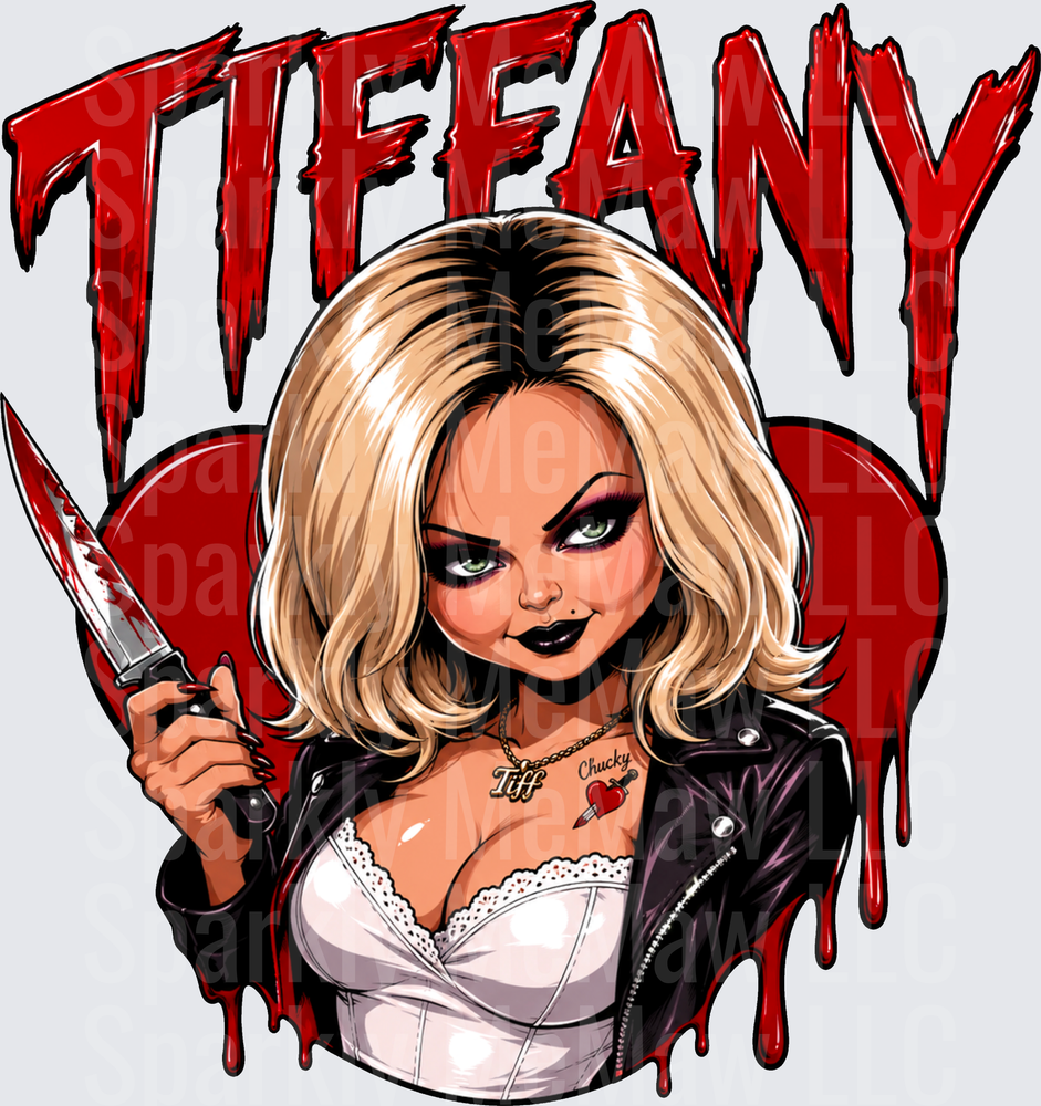 Tiffany Bride of Chucky Horror Doll Bloody Knife Red Dripping Heart DTF Transfer (Fabrics)