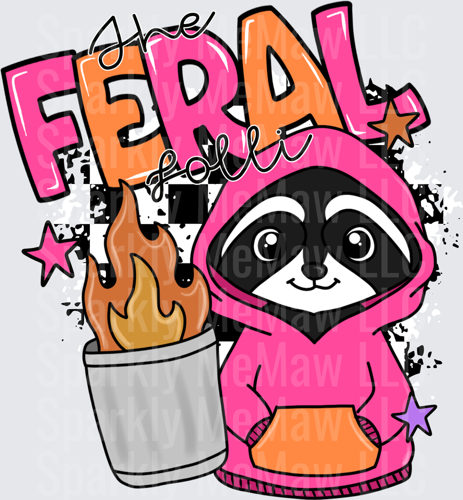 Feral Girl Panda in Pink Hoodie with Trash Can Fire Design