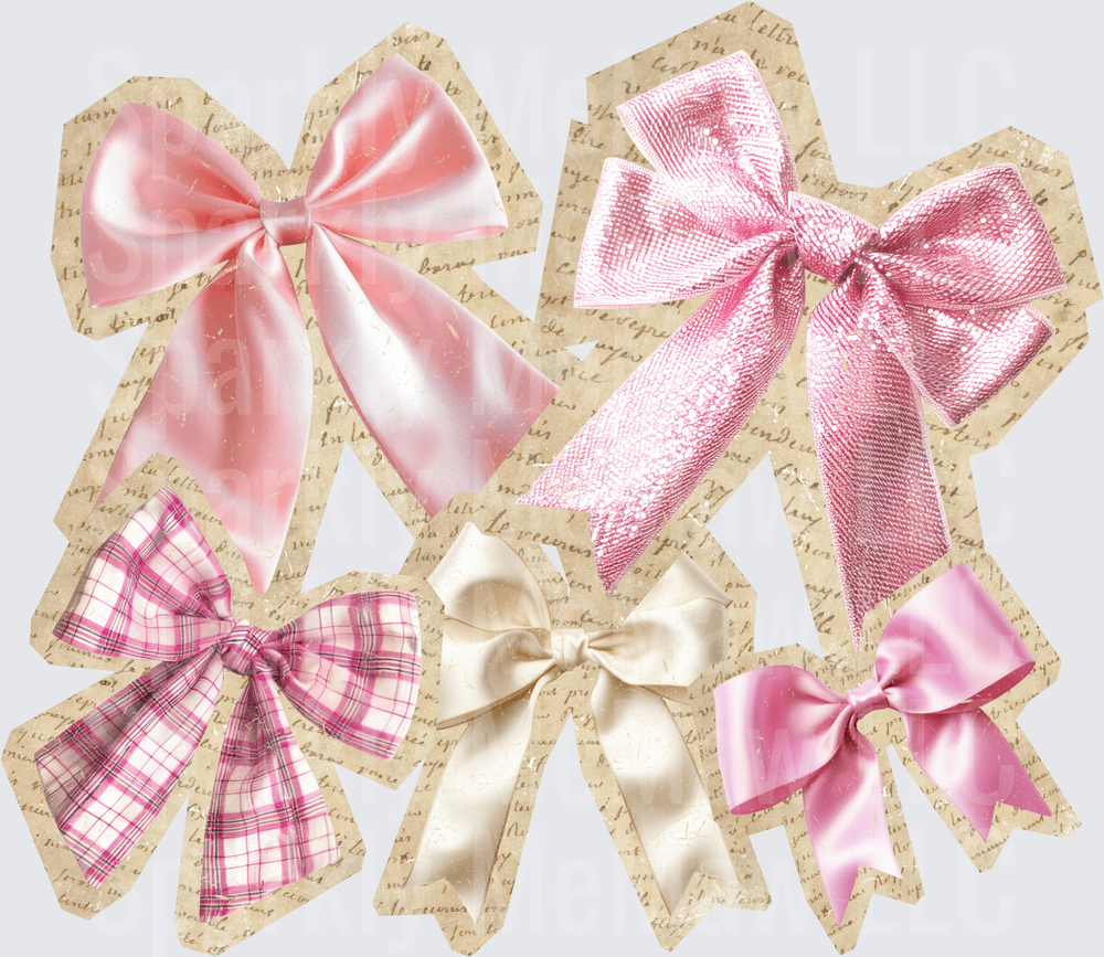 Pink Ribbon Bow Collection on Vintage Script Background UV DTF Decal