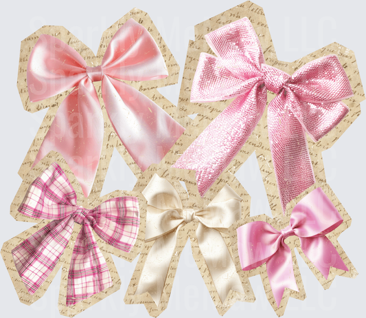 Pink Ribbon Bow Collection on Vintage Script Background UV DTF Decal