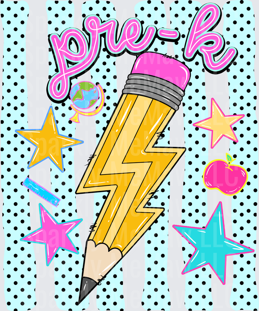 Pre-K Lightning Bolt Pencil with Colorful Stars Globe and Apple DTF Transfer for Fabric