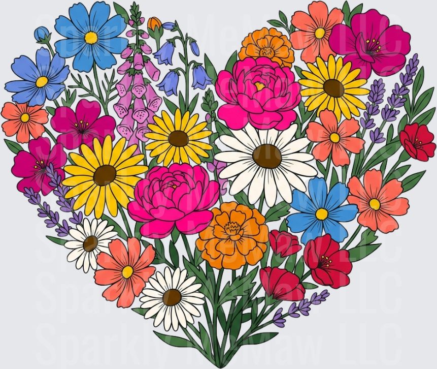 Wildflower Heart Bouquet with Daisies Peonies and Lavender UV DTF Decal