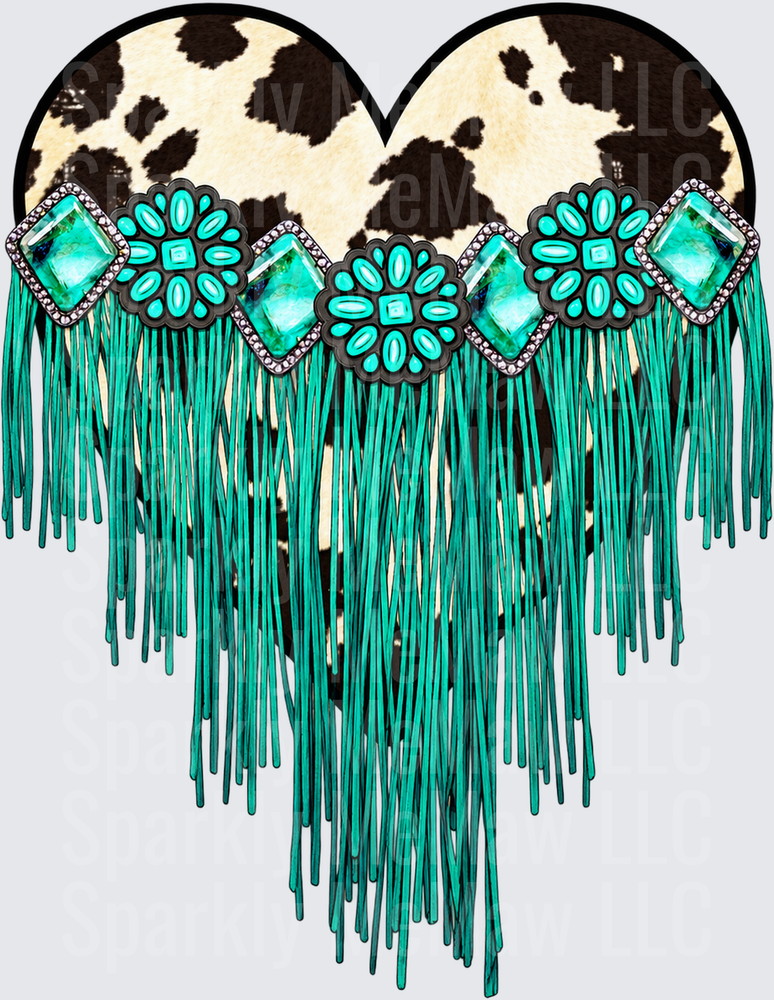Cowhide Heart Turquoise Fringe Concho is a DTF Transfer for Fabrics