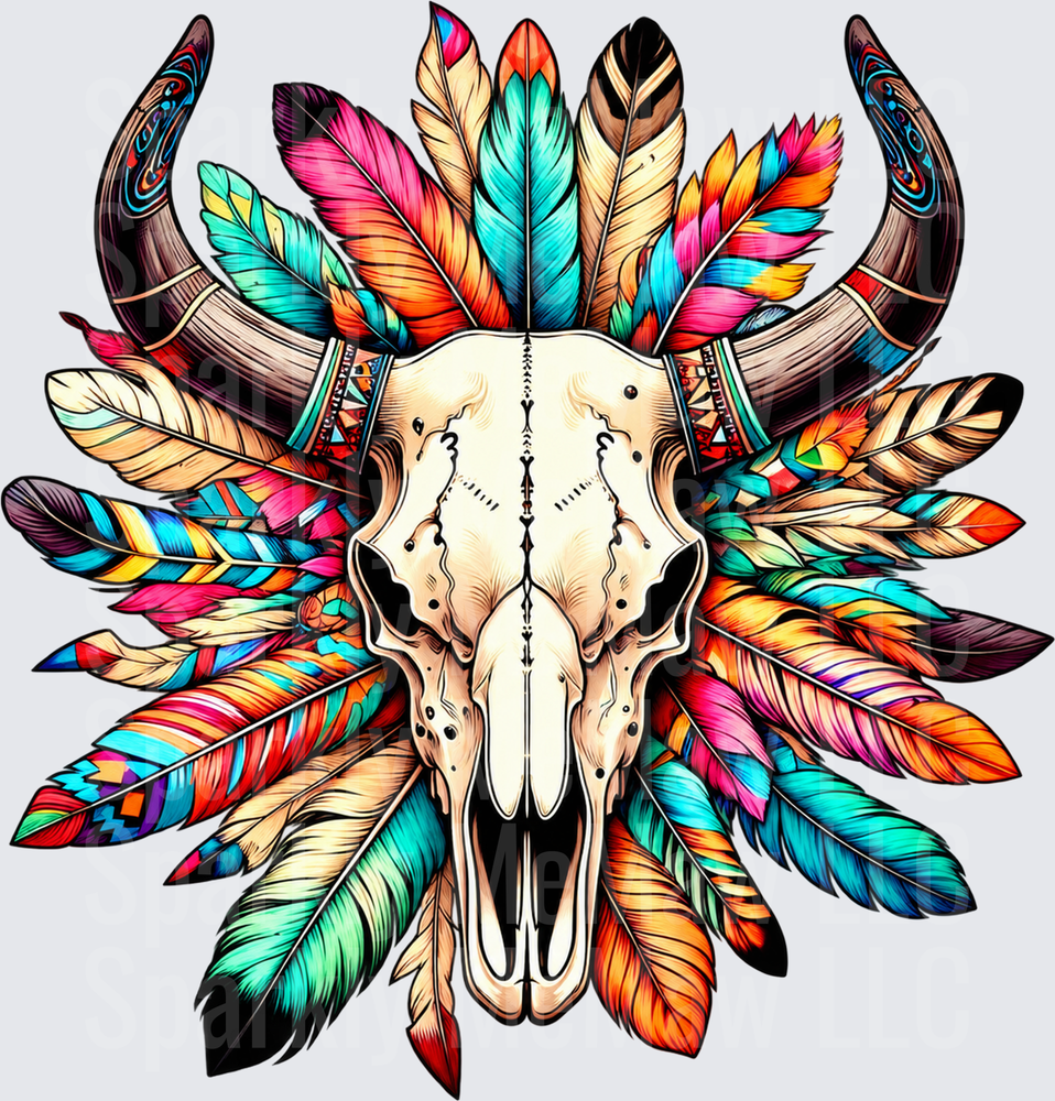 Boho Bull Skull Feathers UV DTF DECAL (HARD SMOOTH SURFACE)
