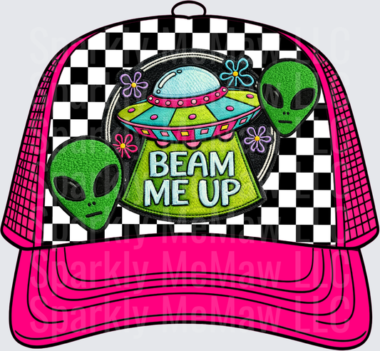 Beam Me Up UFO Aliens Retro Checkered Trucker Hat UV DTF Decal