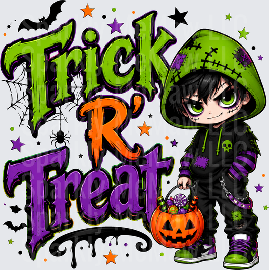 Trick R Treat Halloween Emo Boy with Pumpkin Candy Bucket Spooky Green Purple Design DTF Transfer for fabrics
