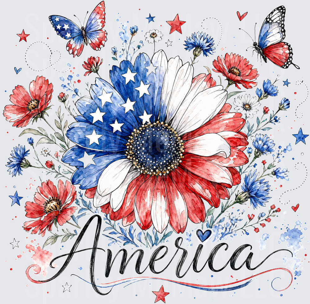 America Patriotic Floral Sunflower with Red White Blue Butterflies UV DTF Decal