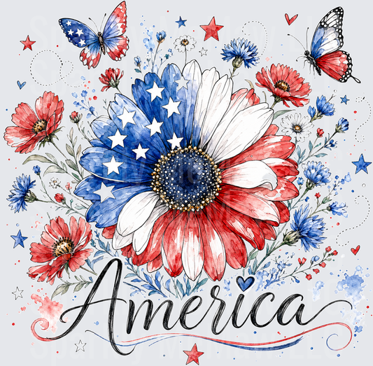 America Patriotic Floral Sunflower with Red White Blue Butterflies UV DTF Decal