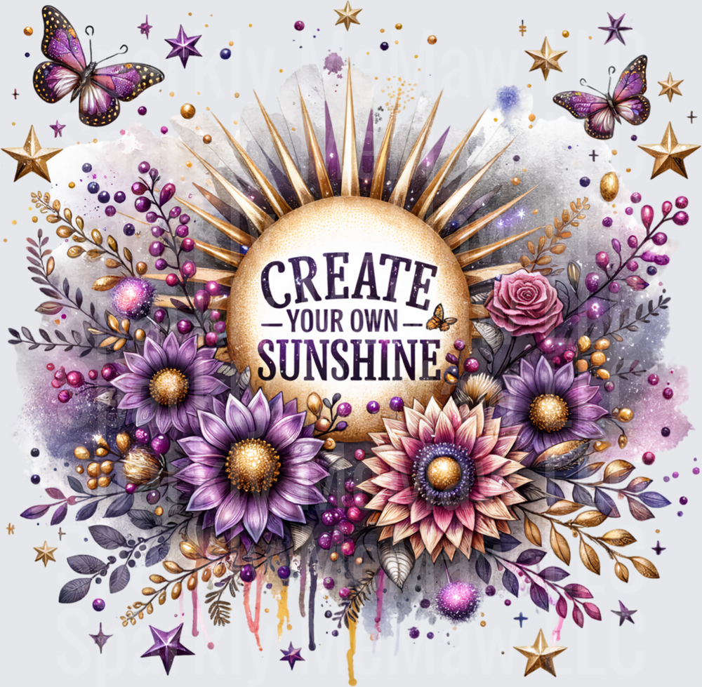 Create Your Own Sunshine Floral Sun with Purple Butterflies and Stars UV DTF Decal
