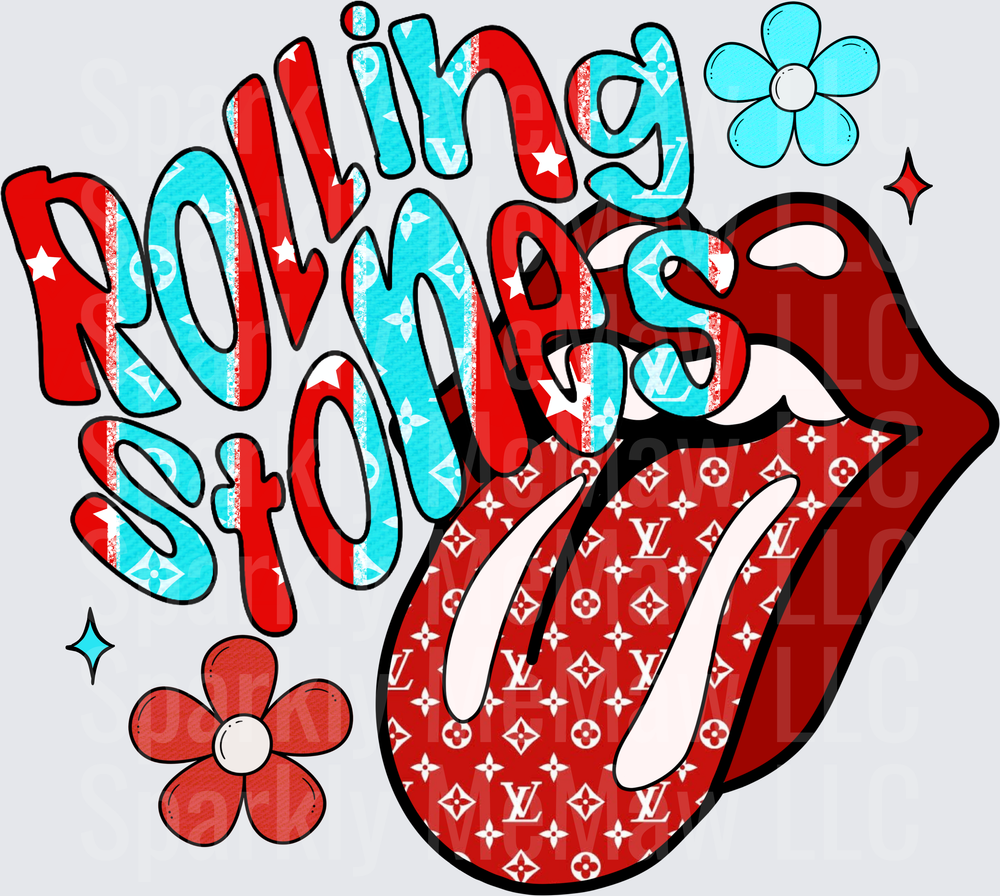 Rolling Stones Lips with Louis Vuitton Pattern and Retro Flowers UV DTF Decal